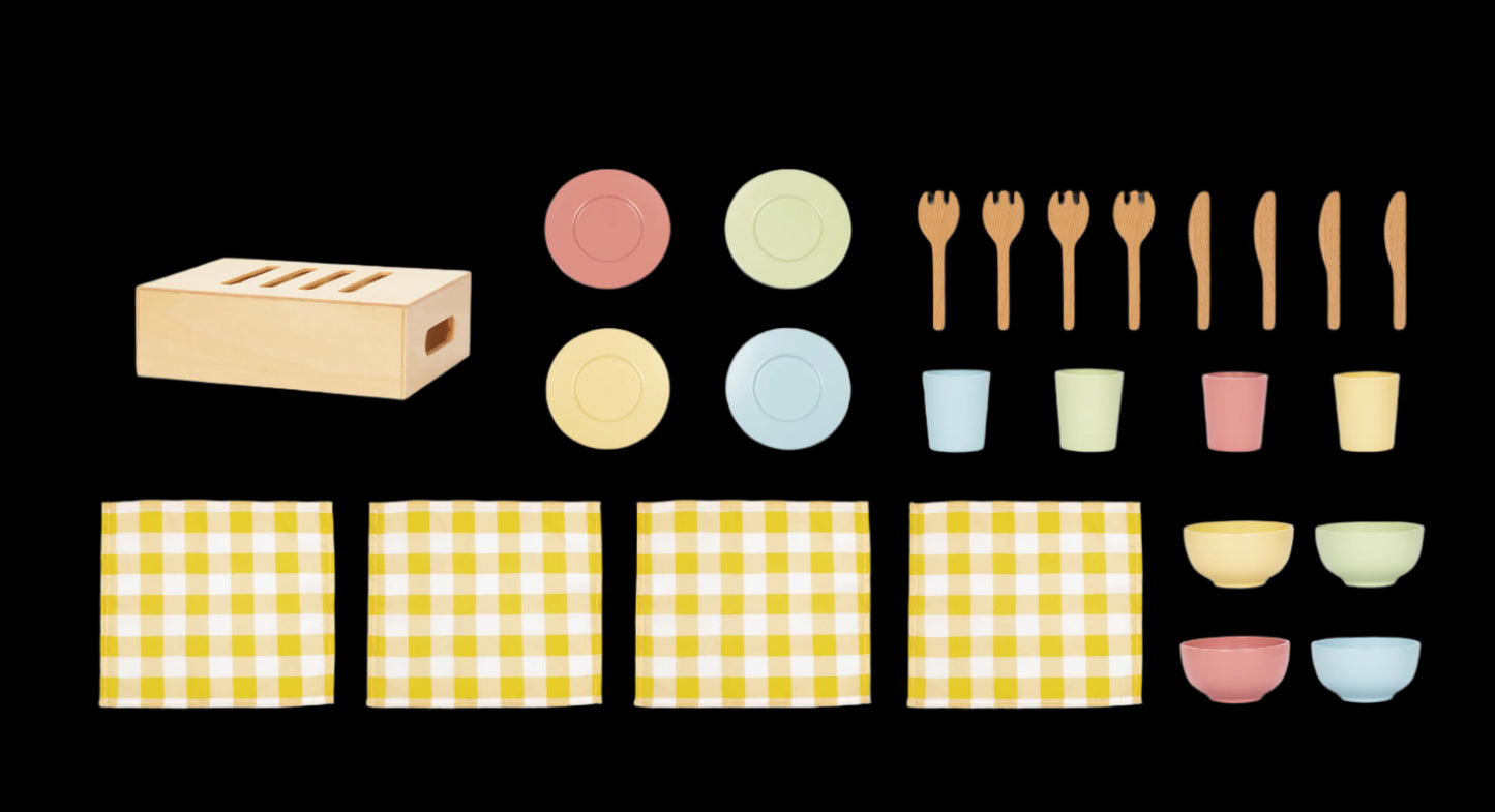 Set of wooden kitchen utensils and accessories on a white background