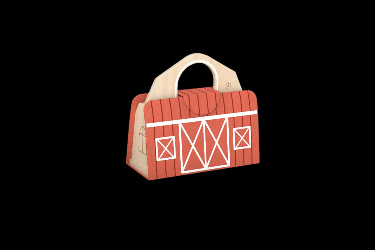 Red toy barn with a wooden handle on a white background