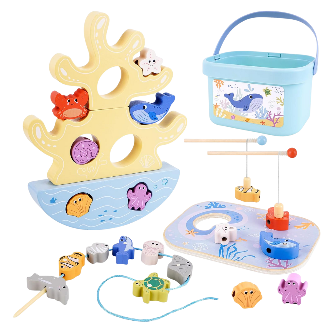 Children's fishing toy set with various sea creatures and a blue basket on a white background
