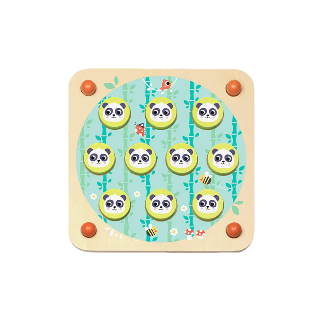 Wooden puzzle with panda designs on a light blue background