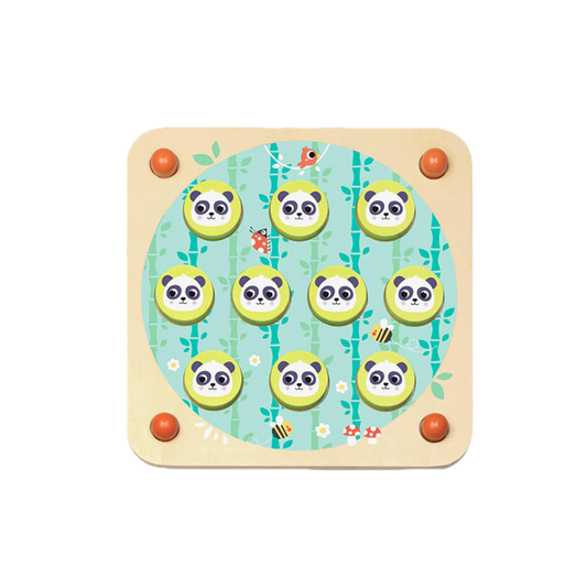 Wooden puzzle with panda designs on a light blue background