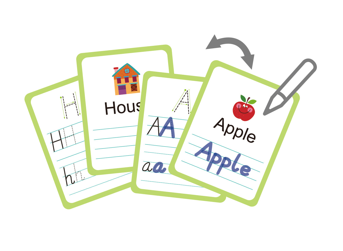 Educational flashcards with letters and words on a white background