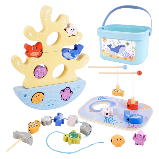 Children's fishing toy set with various sea creatures and a blue basket on a white background